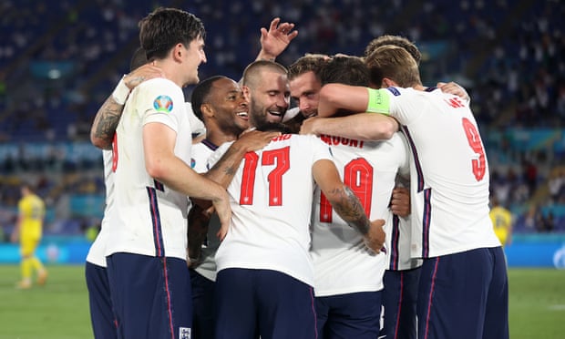 England players celebrate after Jordan Henderson’s goal against Ukraine in Rome on Saturday night.