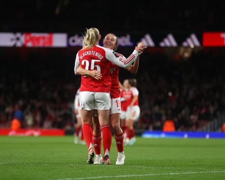 Stina Blackstenius and Caitlin Foord celebrate together after Blackstenius’ goal in Arsenal’s 5-2 Women’s Super League win at home to Tottenham.