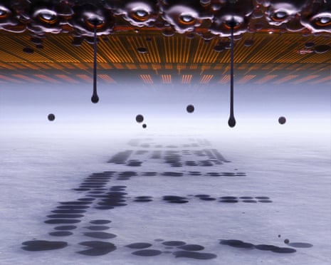 A microscopic view of an inkjet printer depositing ink onto paper