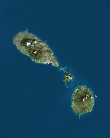 A satellite image of St Kitts and Nevis (the smaller island to the bottom right).