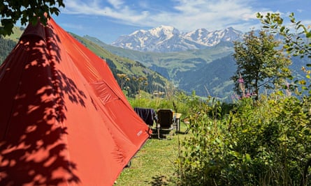 Red tent with view of Mont Blanc