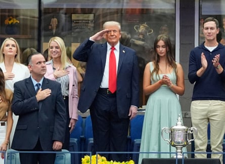 Donald Trump stands for the national anthem before the US Open men’s singles final at Flushing Meadow.