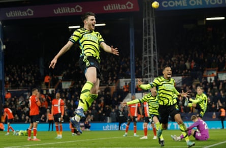 Declan Rice celebrates after his late winner at Kenilworth Road.