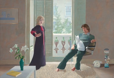 Mr and Mrs Clark and Percy, 1970–71Percy may now be one of the most famous cats in art but the feline’s actual name was Blanche. The pet belonged to Hockney’s close friends, the fashion designer Ossie Clark and textile designer Celia Birtwell. This was painted in their flat in Notting Hill Gate. Clark and Birtwell were were big names in London fashion and Hockney was best man at their wedding, painting this shortly after. He intentionally swapped wedding portrait conventions, seating the husband while the wife stands upright. Blanche became Percy in the title because Hockney liked the rhythm.