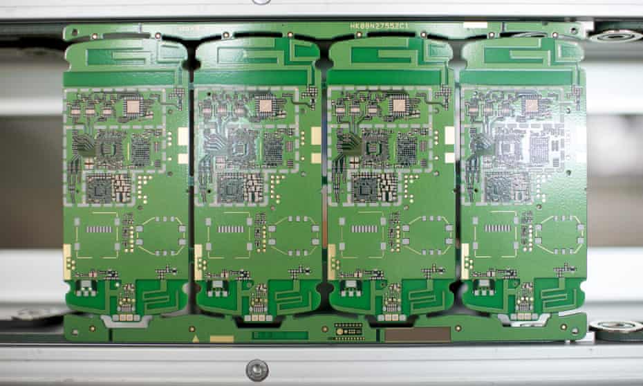 ZTE smartphone circuit boards on the assembly line in Shenzhen, China.