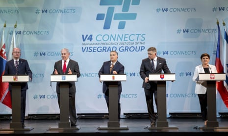 From left: Bohuslav Sobotka of the Czech Republic, Benjamin Netanyahu of Israel, Viktor Orbán of Hungary, Robert Fico of Slovakia and Beata Szydło of Poland