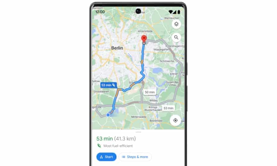 A shot of Google Maps showing fuel-efficient driving routes around Berlin