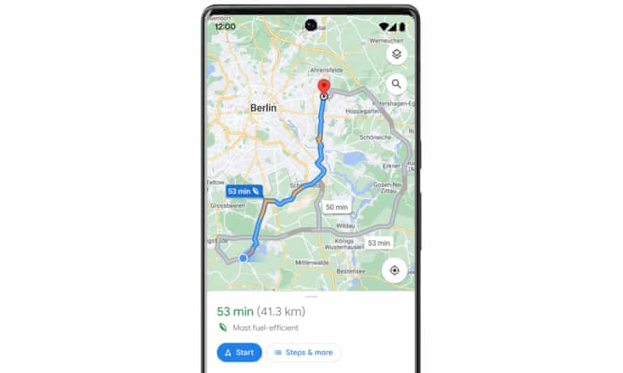 A shot of Google maps giving fuel-efficient driving directions around Berlin