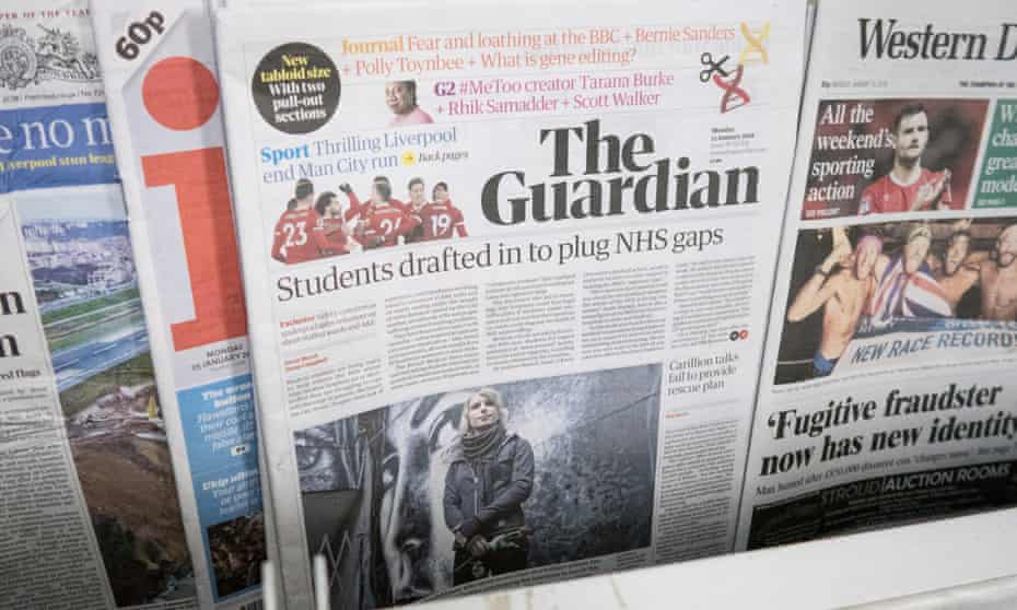 The Guardian Newspaper Launches New Tabloid FormatBRISTOL, ENGLAND - JANUARY 15: A copy of the new tabloid sized The Guardian newspaper with its new masthead is pictured for sale on January 15, 2018 in Bristol, England. In a cost-cutting move, publisher Guardian News &amp; Media has ditched the distinctive Berliner size after just over 12 years and outsourced the printing of the tabloid to Trinity Mirror. (Photo by Matt Cardy/Getty Images)