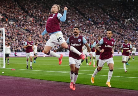 West Ham’s Jarrod Bowen leaps for joy after scoring their stoppage-time winner from the spot against Manchester United at the London Stadium