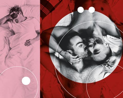 Two men cuddle in bed while another (split screen) sleeps