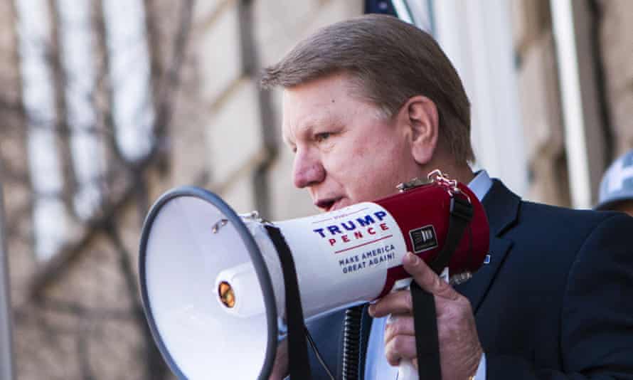 Jim Marchant addresses a crowd outside the Nevada Capitol in March 2021.