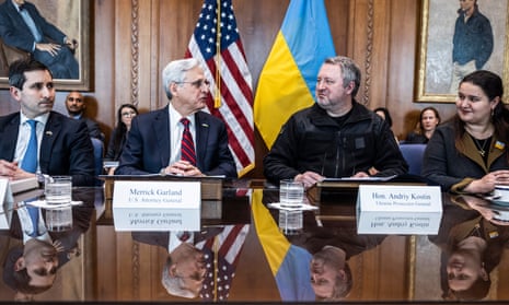 Merrick Garland, second left, with Andriy Kostin in Washington on Friday.
