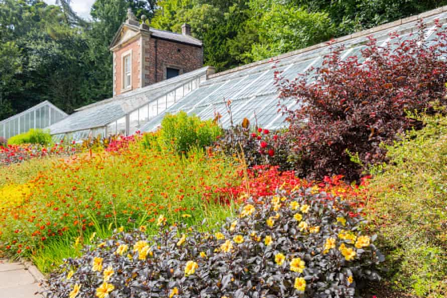 walled garden with flowers in front of the orangery glasshouse at Wallington House & Gardens Northumberland, UK.