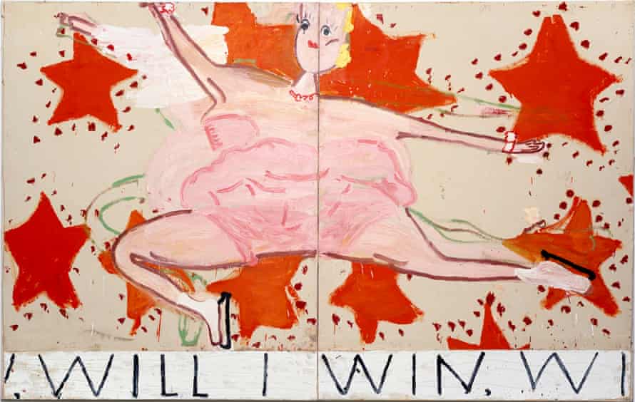Echoes of Basquiat … Pink Skater (Will I Win, Will I Win), 2015 by Rose Wylie.