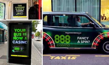 Ads for 888.com online casino on (clockwise from left) a tube train, saying 'this carriage is now a casino'; on a taxi, saying 'fancy a spin?'; and at a bus stop, saying 'your bus is now a casion'