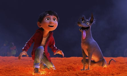 Miguel and dog Dante in the animated film Coco.