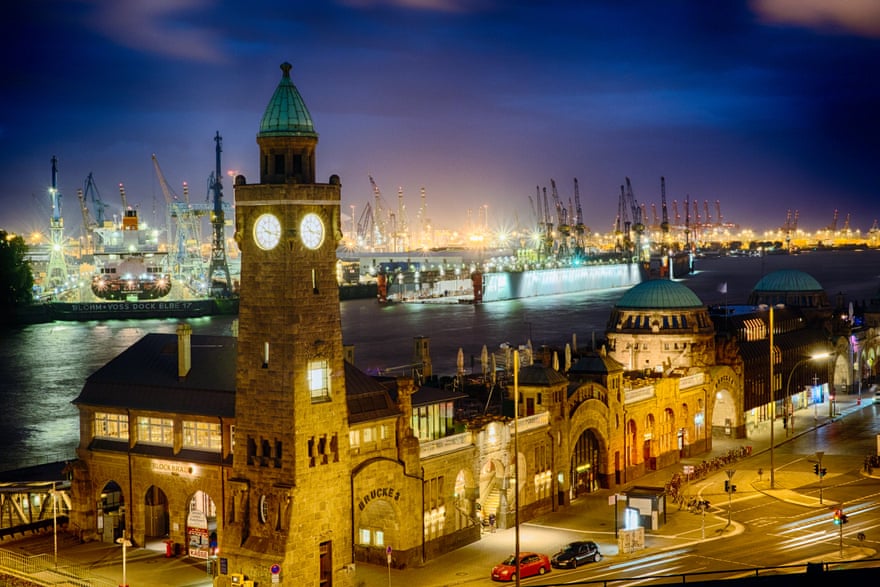 St Pauli’s piers and the port of Hamburg at night.