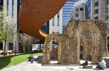 An elevated walkway at London Wall Place passes over the Roman remains of St Alphage church in the City of London. 