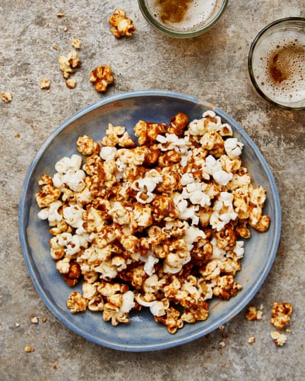 Blue bowl filled with popcorn