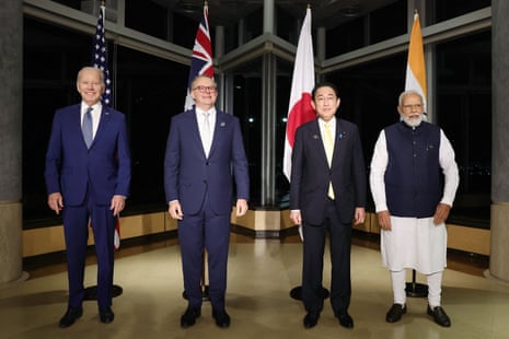 US president Joe Biden, Australia's prime minister Anthony Albanese, Japan's prime minister Fumio Kishida and India's prime minister Narendra Modi pose for a photo as they hold a "Quad" meeting on the sidelines of the G7 summit leaders' meeting overnight.