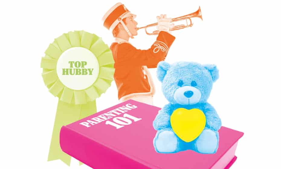 Illustration of man in uniform playing trumpet, blue teddy bear with yellow heart, pink book and green rosette