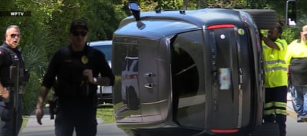 An image of Tiger Woods’s car after a rollover crash on Friday in Florida.