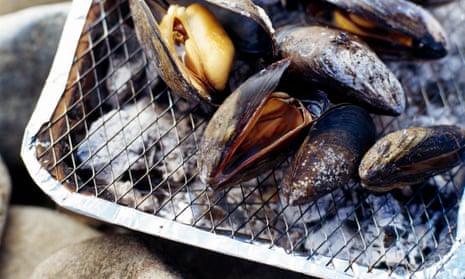 Grilled mussels on a disposable barbecue