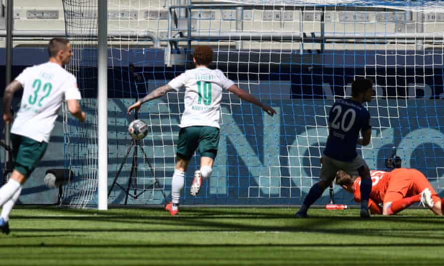 Werder Bremen’s Marco Friedl (left) and Joshua Sargent (second left) celebrate the winning goal at Schalke.