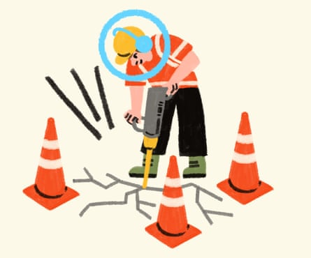 Illustration: a man uses a jackhammer while wearing noise cancelling headphones
