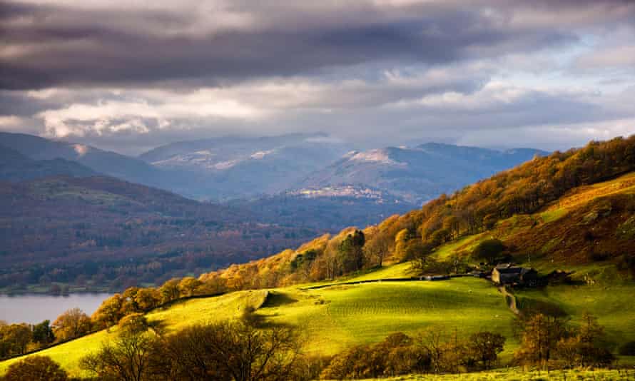 Autumn view over the countryside and Windermere from near Troutbeck and Ambleside.