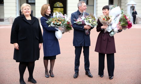 Norway’s prime minister Erna Solberg with  Marit Berger Røsland (European affairs), Frank Bakke-Jensen (defence), and  Ine Eriksen Soreide (foreign affairs) in Oslo