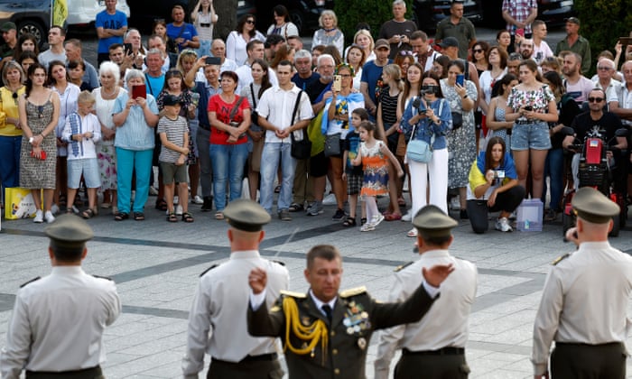 People attend a concert with the participation of the orchestra of the National Academy of Ground Forces at the monument to Taras Shevchenko on Independence Day of Ukraine on on August 24, 2022 in Lviv, Ukraine. This year, Ukraine’s Independence Day, commemorating its break with the Soviet Union in 1991, coincides with the six-month mark since Russia launched its large-scale invasion of the country. The fighting has largely focused on the eastern Donbas region and the south, but most anywhere in Ukraine remains vulnerable to Russian air strikes.