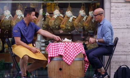 Tucci with Nicola Salvadori, a prosciutto expert, in Parma, in Searching for Italy.