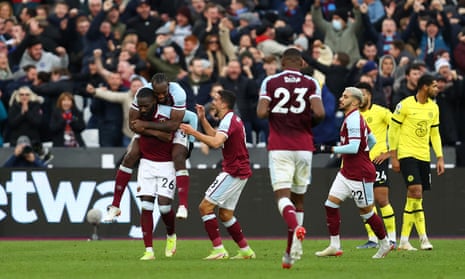 Arthur Masuaku celebrates with teammates Michail Antonio and Pablo Fornals after putting West Ham ahead.