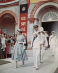 Queen Elizabeth II and Prince Philip, Duke of Edinburgh leave the House of Assembly in Hamilton, Bermuda, during a six-month tour of the Commonwealth nations, November 1953
