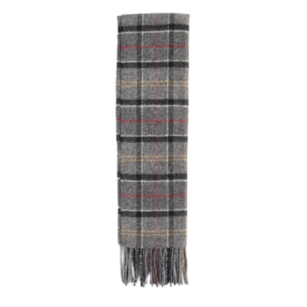 Barbour Tartan lamb’s wool scarf. Grey black, yellow and red.