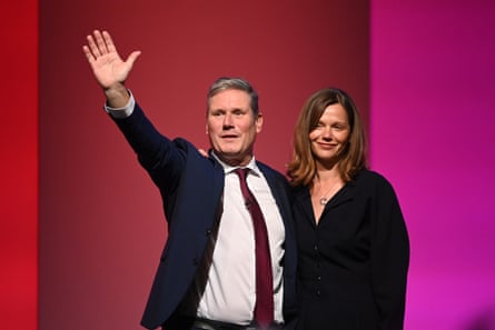 Labour party leader, Sir Keir Starmer and wife Victoria accept the applause of delegates after delivering his keynote speech on September 29, 2021 in Brighton, England