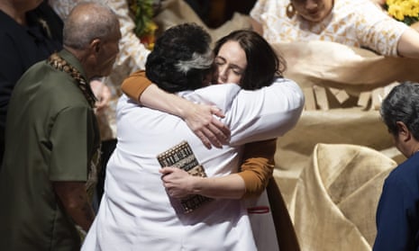 New Zealand prime minister Jacinda Ardern gets a hug