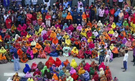 Bangladeshi garment workers block a road