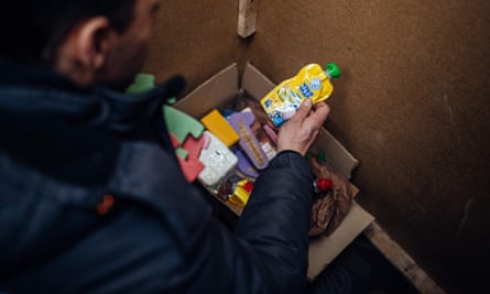 A survival kit assembled by people living in an apartment block in Kyiv.