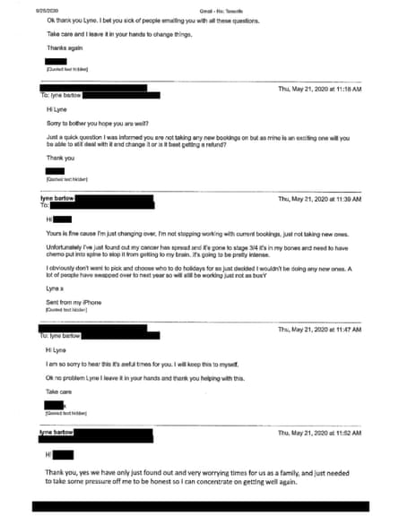 A redacted email exchange Lyne Barlow had with a customer about her alleged cancer.