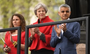 Caroline Criado Perez, Theresa May and Sadiq Khan at the unveiling of the statue in Parliament Square.