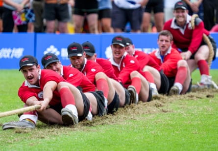 Switzerland compete during the men’s outdoor 640kg gold medal match against Great Britain at the tug of war event at the 2025 World Games in Chengdu, China