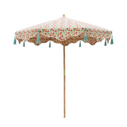 Daphne Octagonal Parasol with blue tassels and a floral print from east London Parasol Company