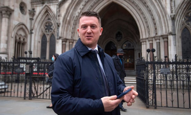 Tommy Robinson  outside the Royal Courts of Justice in London for the libel case brought against him by Jamal Hijazi