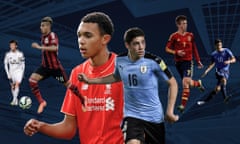 Martin Odegaard of Real Madrid Castilla, Hachim Mastour playing for AC Milan, Liverpool u18’s Trent Alexander-Arnold, Uruguay’s Federico Valverde, Daniel Olmo of Spain and Christian Pulisic of USA. Composite by Jim Powell. Photographs by Getty Images