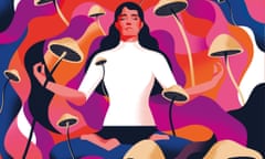 An illustration of a woman with long dark hair and a white jumper meditating, her eyes closed and a swirling multi-coloured background dotted with mushrooms