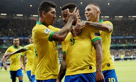 Brazil celebrate the first goal of the game