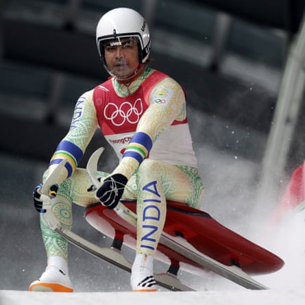 Shiva Keshavan of India brakes in the finish area after the first round of the men’s luge at the 2018 Winter Olympics in Pyeongchang